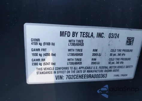 2024 Tesla Cybertruck z USA, uszkodzony, nr VIN 7G2CEHEE9RA000363